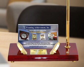 Engraved Gold Accents Business Card Holder Pen Set Gift As Personalized Employee Recognition or Executive Service Graduation Engraved Award