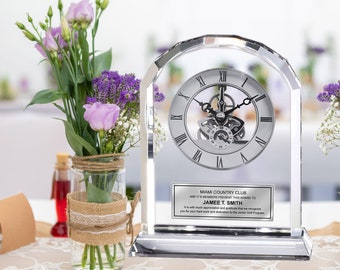 Custom Desk Name Plate With Moving Gear Clock - Engraved Title, Clear Glass Case, Silver Pen Gift