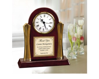 Wood Personalized Clock with Metal Gold Finish Column Imprint Personalization Year Month Award Employee Coworker Retirement Gift Employee