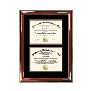 May include: A double diploma frame with a mahogany finish and a black mat. The frame has two certificates inside with the text "Framing Achievement, Inc." and "John Doe".