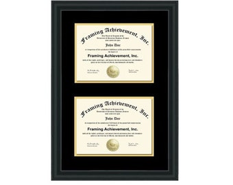 Double Diploma Frame Dual Certificate Frames Two Document Satin Matte Black Top mat Black Inner matted Gold Double Document Plaque