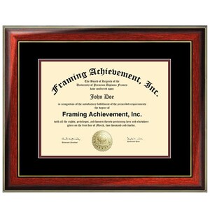 May include: A framed diploma with a red and gold frame. The diploma is for Framing Achievement, Inc. and is awarded to John Doe. The diploma is dated March 1, 2012.