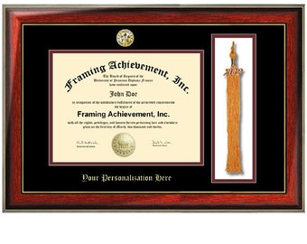 Tassel Diploma Frame College Major Logo Seal Frame Top matted Black Inner Maroon Satin Mahogany Gold Accents Embossed Framing Certificate