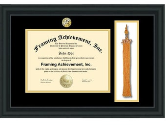 Graduation Tassel Frames - University Diploma Frames College Major Seal Logo Top mat Black Inner Gold Satin Matte Black Degree College Frame