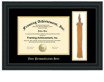 Graduation Tassel Holder Frame College Diploma Frame Top mat Black Inner mat Gold Personalized Gold Embossed Satin Matte Black Frame
