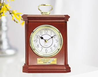 Engraved Wood Desk Clock Carriage Gold Handle with Gold Engraving Plate. Unique Retirement Gift Wedding Anniversary Employee Service Award