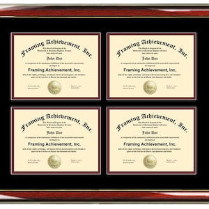 May include: A framed collage of four diplomas with a black mat and a red wood frame. Each diploma is for "Framing Achievement, Inc." and is awarded to "John Doe".