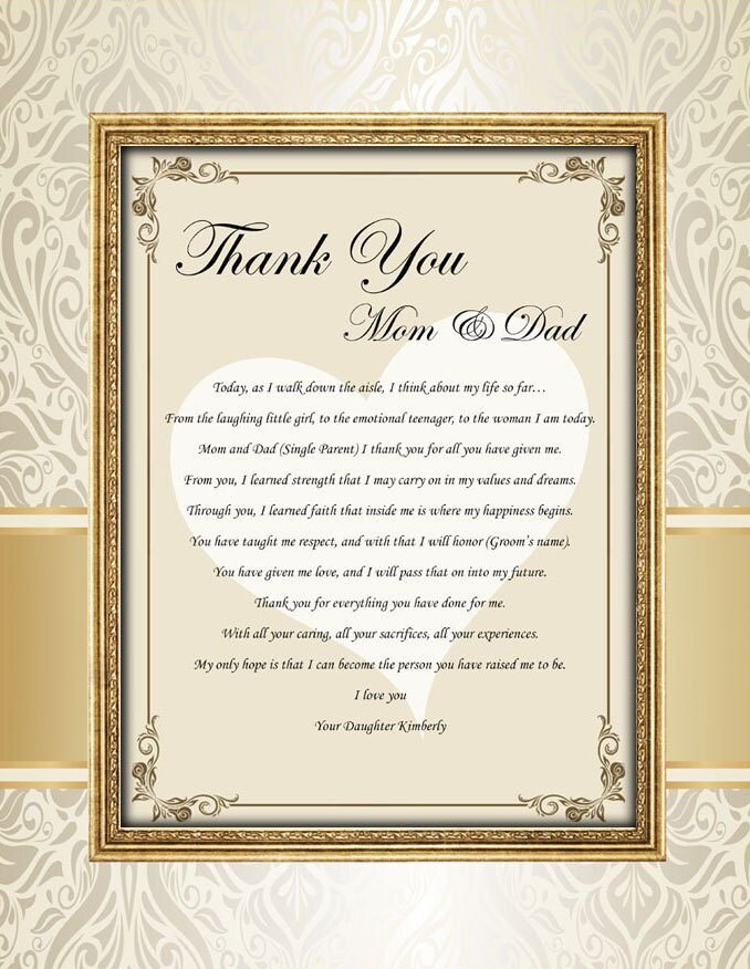Wedding Day Present From Daughter Or Bride Parents Thank You Poem