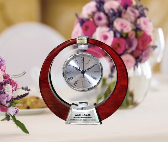 AllGiftFrames Wood Mantel Arch Desk Clock Gold Davinci Dial Gear Engraved Executive Retirement Gift Service Award Recognition Corporate