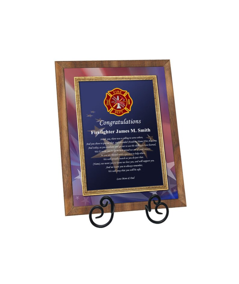 Firefighter Academy Graduation Gift Fire School Graduate Poem Walnut Plaque Fireman Present with Easel