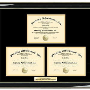 May include: A black framed diploma with a gold trim. The diploma is for a Master of Business Administration degree. The diploma is from Framing Achievement, Inc. and is for John Doe.