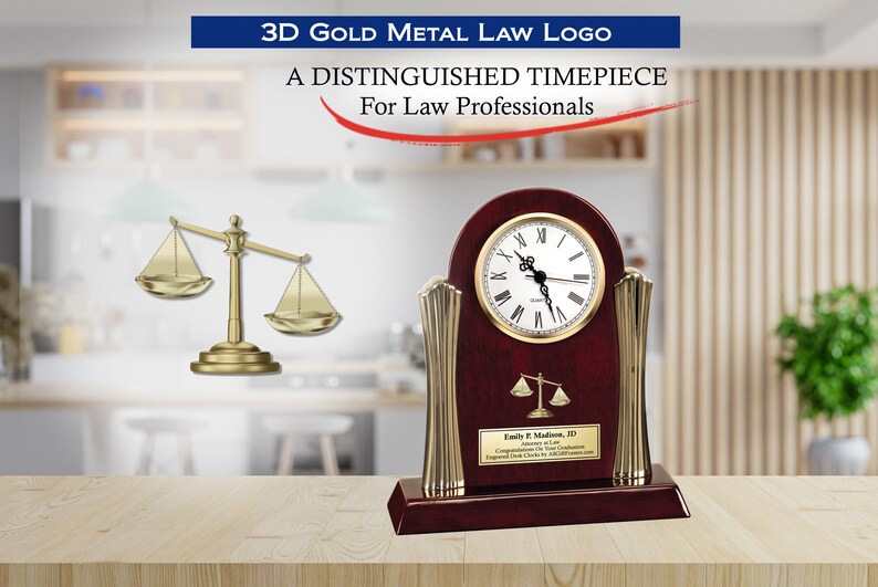 Law Gifts Engrave Cherry Wood Clock 3D Law Scale Logo Attorney Award ...