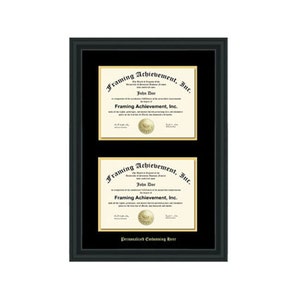 May include: A black frame with a gold mat holds two diplomas. The diplomas are for Framing Achievement, Inc. and are both signed by John Doe.