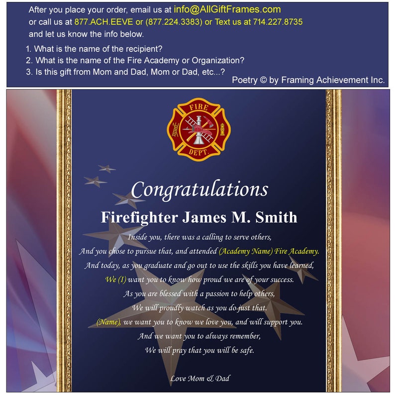 Firefighter Academy Graduation Gift Fire School Graduate Poem Walnut Plaque Fireman Present with Easel