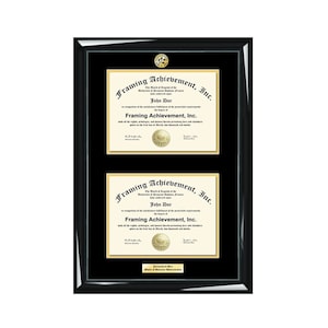 May include: A black framed diploma with a gold seal and the text "Framing Achievement, Inc." and "John Doe" on a white background.