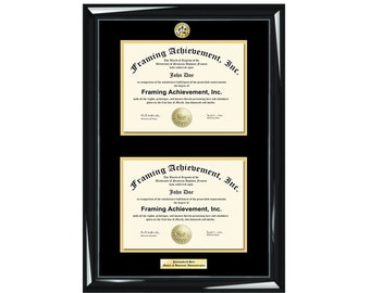 Graduation Double Diploma Frame Engraved University Degree Major Logo Glossy Majestic Black Top mat Black Inner matted Gold Dual Certificate