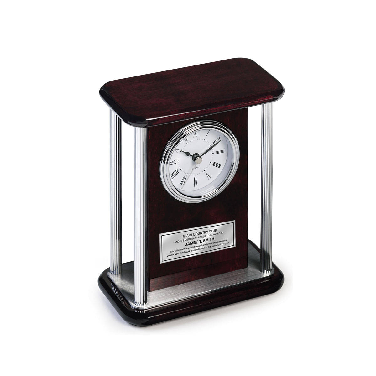 Personalized Table Desk Clock Four Silver Chrome Pillars Silver