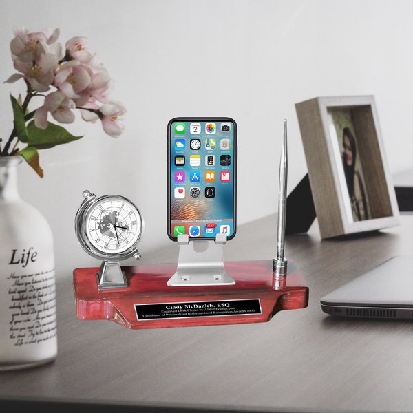 Personalized Engrave Clock Nameplate Desk Pen Phone Stand Display Table Desk Tabletop Executive Name Graduation Gift Retirement Promotion