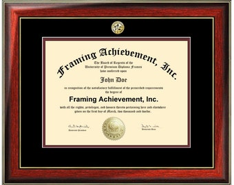 Certificate Frames University Diploma Frame - Graduation College Major Seal Logos Satin Mahogany Gold Accents Top matted Black Inner Maroon