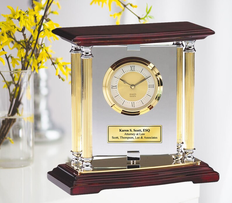 Pivoting Glass Mantle Desk Clock With Gold Silver Columns Etsy