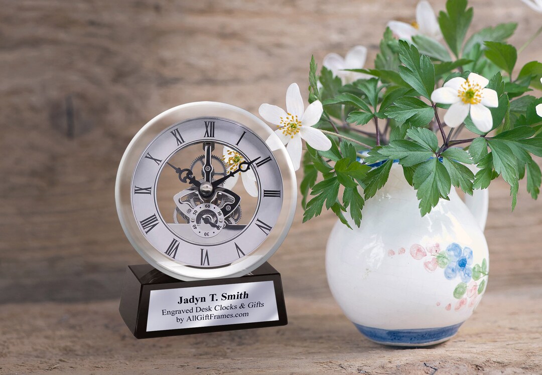 Engrave Desk Clock Silver Davinci Dial Gear Encase in Glass Mounted on