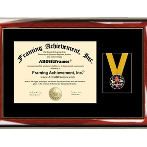 May include: A mahogany-colored diploma frame with a gold trim and a black mat. The frame includes a gold medal with a blue center and the word "Graduate" in white. The text on the diploma reads "Framing Achievement, Inc."