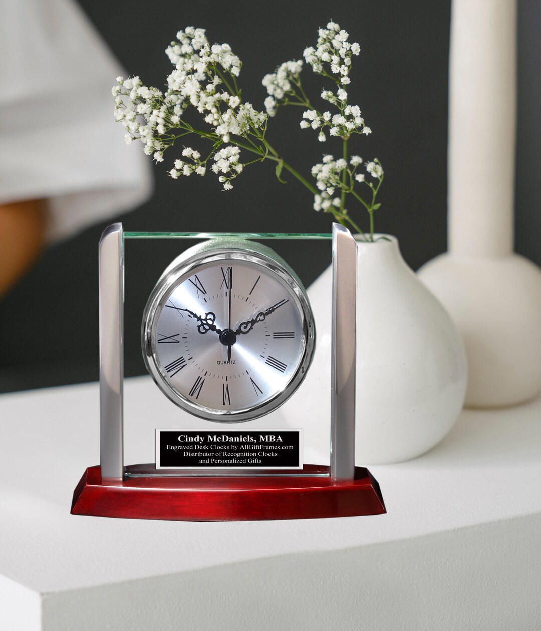 Engraved Desk Clock Personalized Shelf Glass Wood Metal Timepiece ...