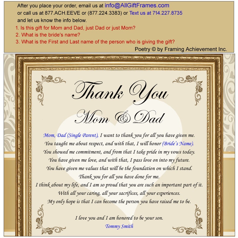 Parents Thank You Poetry Wedding Gift Wall Frame From Groom Son Or Daughter Bride Wedding Poem Thanks Mom Dad Craft Supplies Tools Photography Delage Com Br