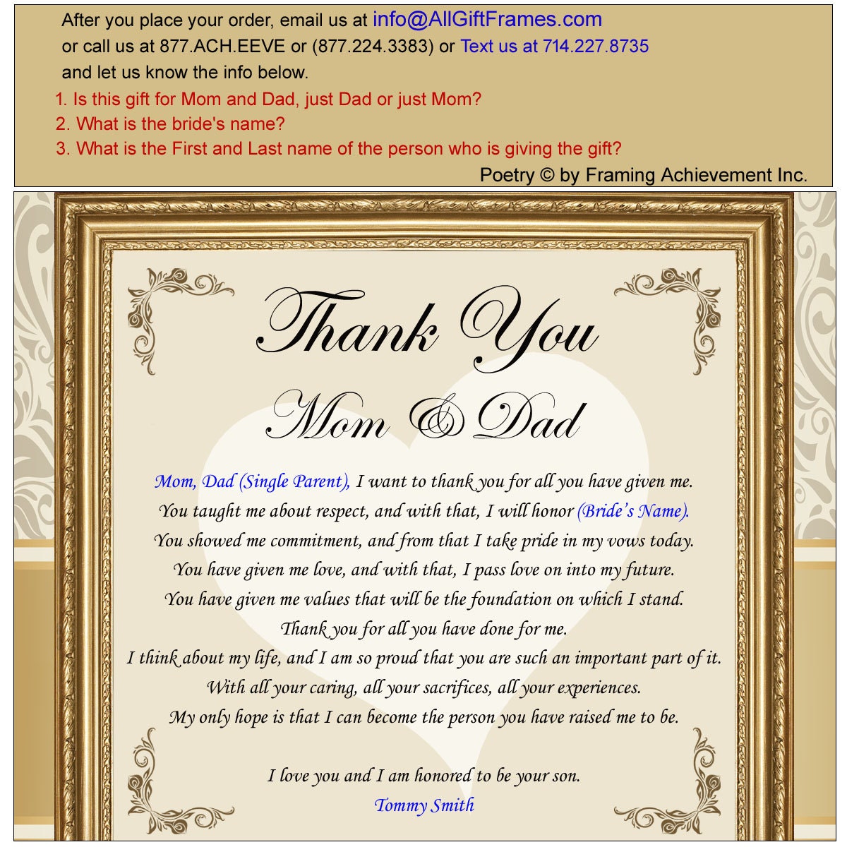 Parents Thank You Poetry Wedding Gift Wall Frame From Groom Son Or