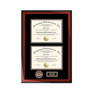 May include: A framed diploma with a black background and a maroon frame. The diploma is for John Doe and is from Framing Achievement, Inc. The diploma has a gold seal with a torch and the text "Class of 2023 School of Engineering".