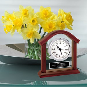 Personalized Desk Clock Wood Arch Black Engraved Home Decor House Design Etching Unique New Home Present Housewarming Gift Present Glass