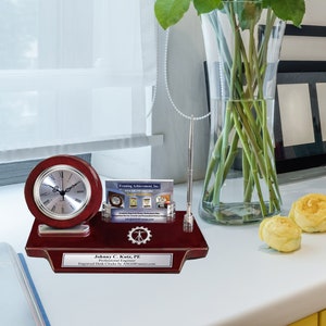 Clock engrave nameplate plaque pen 3D engineer logo business card holder congratulation school graduation graduate service award retire gift