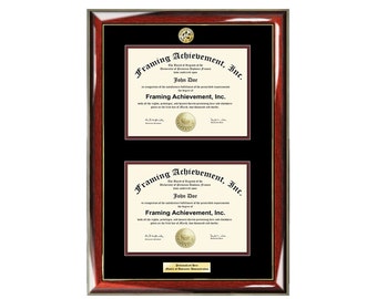 Graduation Dual Degree Diploma Frame Engraved University Major Logo Glossy Prestige Mahogany Gold Accents Top mat Black Inner matted Maroon