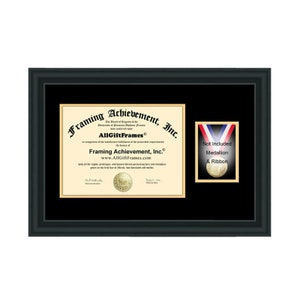 May include: A black frame with a gold mat and a diploma inside. The diploma is for Framing Achievement, Inc. and has a gold seal. The frame also has a small black box with a gold medal and red, white, and blue ribbon inside. The text "Not Included Medallion & Ribbon" is printed on the box.