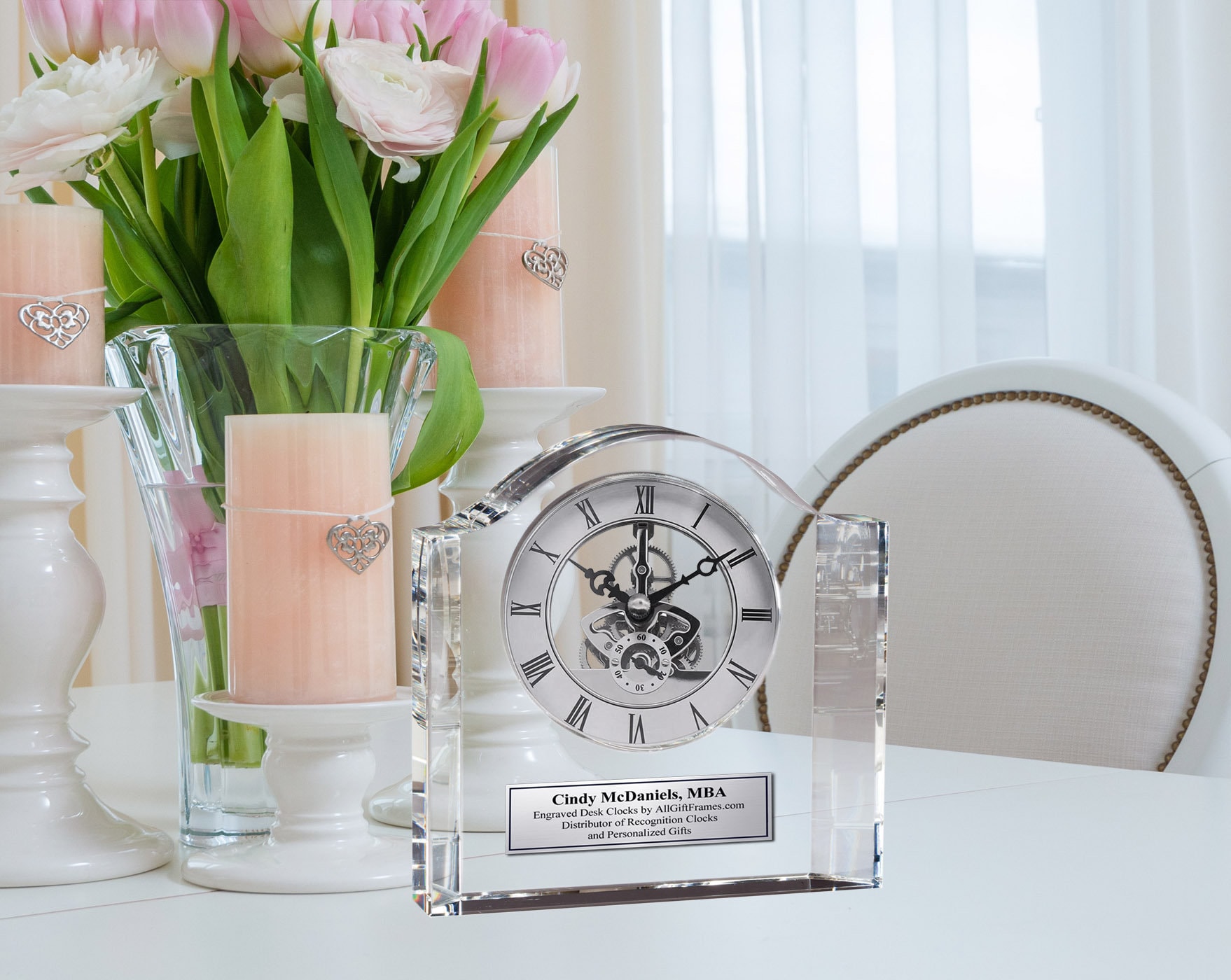 Gravering Custom Arch Crystal Engraved Clock Desk Table Mantel Engraving Plaque ...