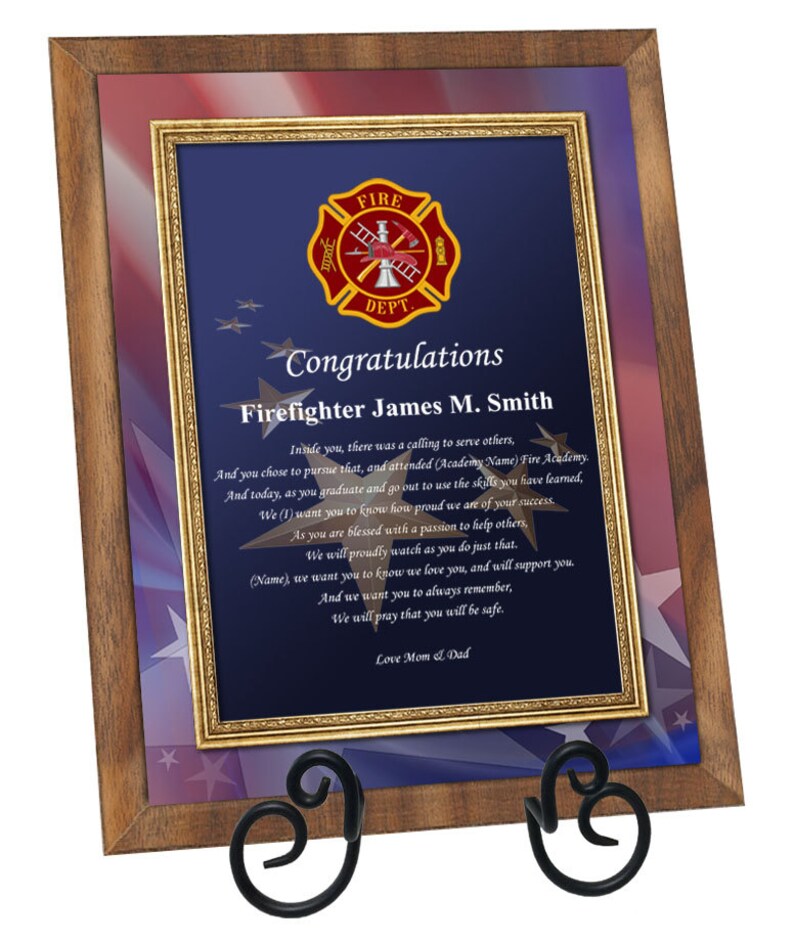Firefighter Academy Graduation Gift Fire School Graduate Poem Walnut Plaque Fireman Present with Easel