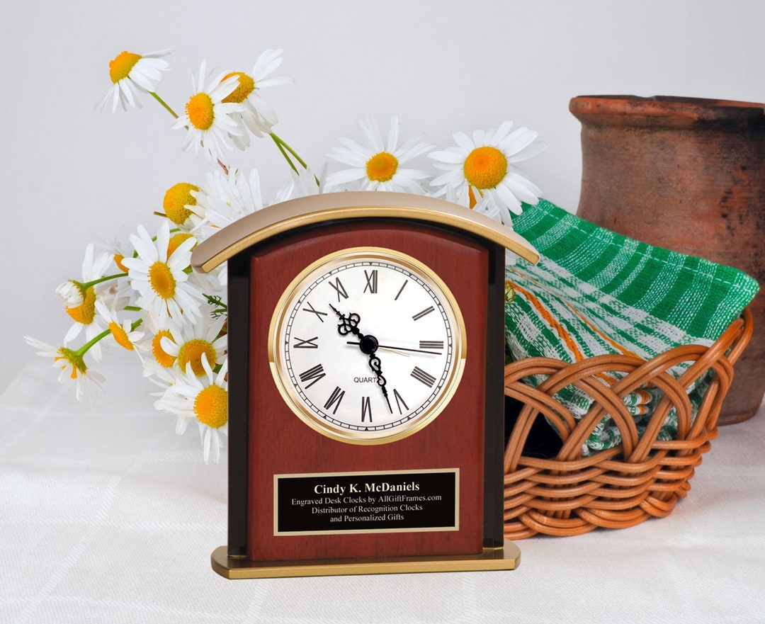 Tabletop Etched Desk Clock Engraved Message Glass Wood Arch Crown ...
