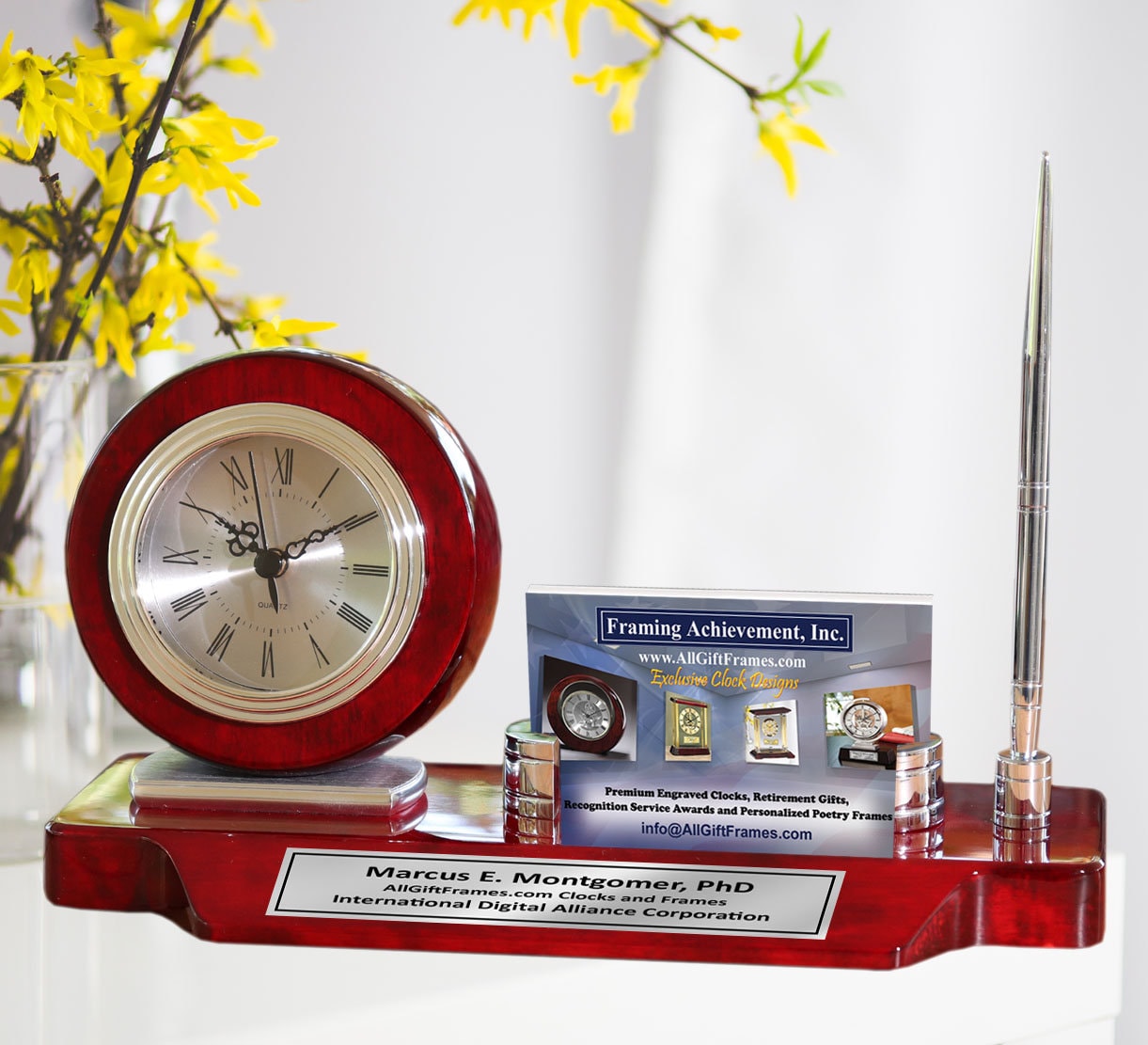 Engrave Desk Clock Business Card Holder Case Display Silver Pen
