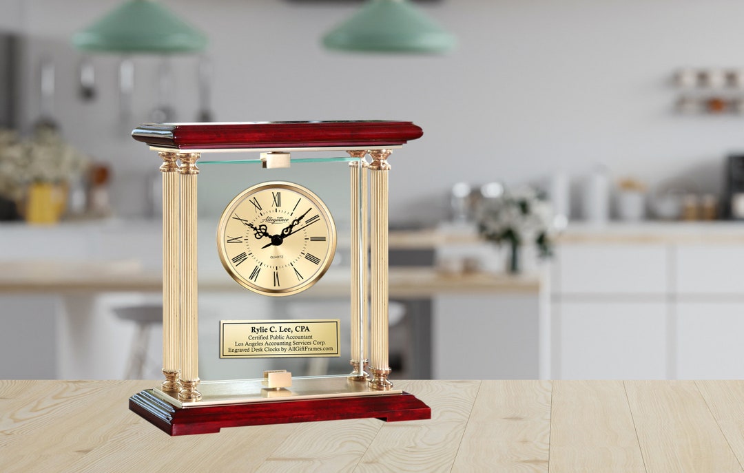 Gold Engraved Desk Clock Anniversary Wedding Mantel Swivel Glass Table ...