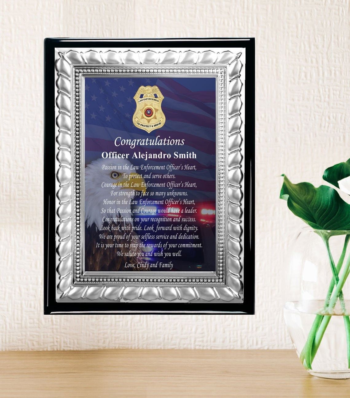 Law Enforcement Retirement Plaque Award Silver Policeman Sheriff Service Award Department FBI Homeland Security CIA NSA Promoted Retiree