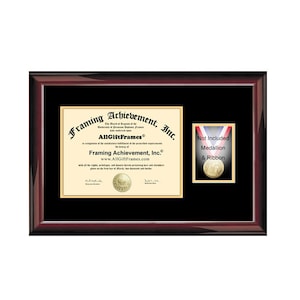 May include: A black wood frame with a gold mat and a diploma inside. The diploma is for Framing Achievement, Inc. and has a gold seal. The frame also has a small gold frame with a gold medallion and ribbon inside. The text "Not Included Medallion & Ribbon" is printed on the gold frame.