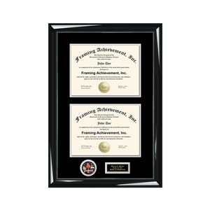 May include: A black framed diploma with two certificates inside. The certificates are for Framing Achievement, Inc. and are awarded to John Doe. The frame includes a gold seal with a red and yellow design and a small gold plaque that reads "Class of 2019 School of Engineering".