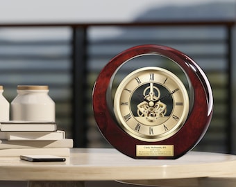 Personalized gold mechanical gear desk table clock engraved plaque year of service award wedding anniversary gift employee coworker mantel