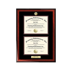 May include: A mahogany-colored wood frame with a black mat and two diplomas inside. The diplomas are for "Framing Achievement, Inc." and are awarded to "John Doe".