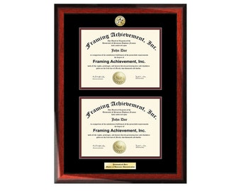 University Double Diploma Frames Graduation Engraved College Degree College Major Logo Satin Rich Mahogany Top mat Black Inner matted Maroon
