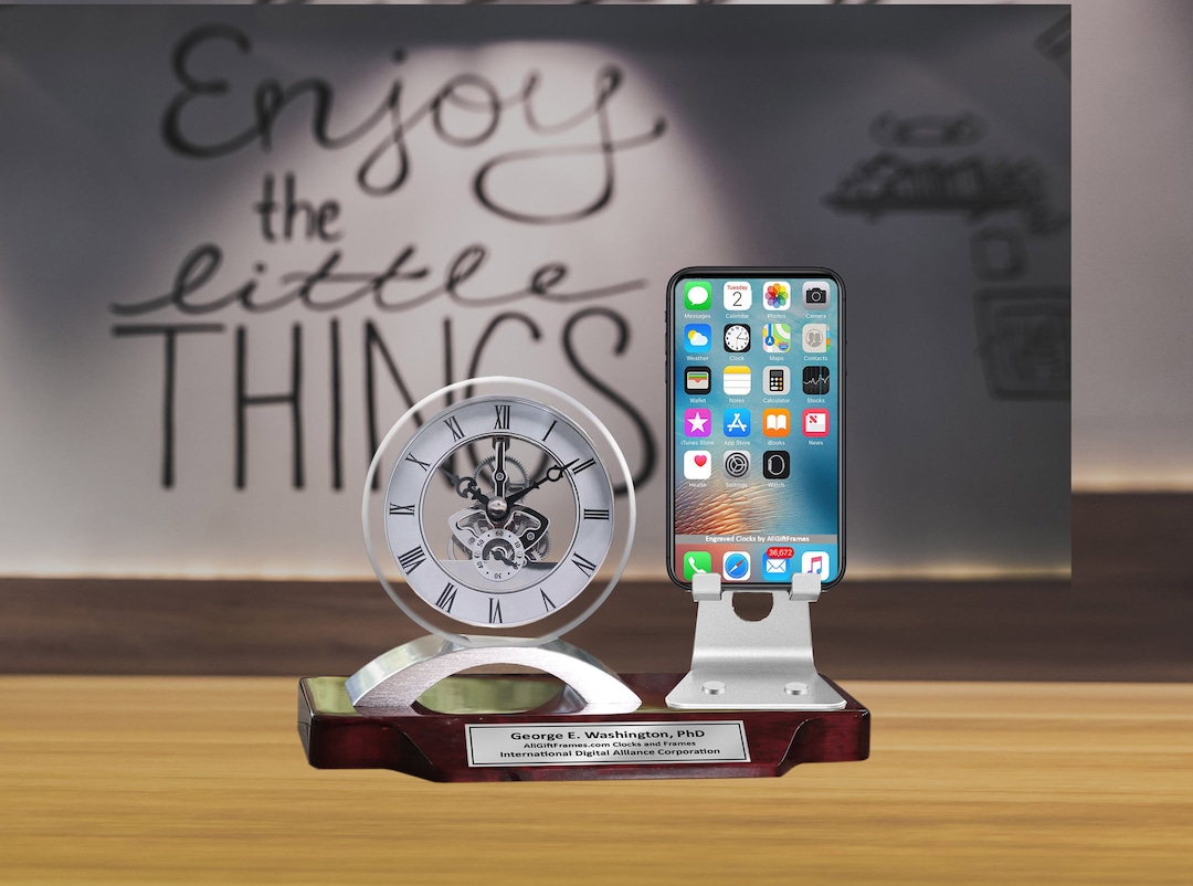 Engrave Desk Clock Name Plate Cell Phone Holder Stand Graduation Gift