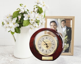 Engraved Gold Metallic Floral Ellipse Round Desk Clock Personalized Plaque Gift Recognition Service Award Anniversary Birthday Thank You
