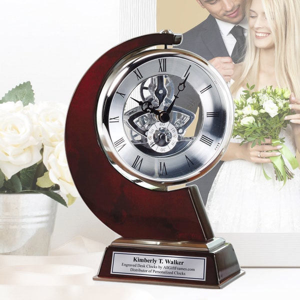 Engraved Personalized Clock Large Gear DaVinci Manual Rotate 360 Degree Silver Engraving Anniversary Award Mantel Retirement Graduation Gift