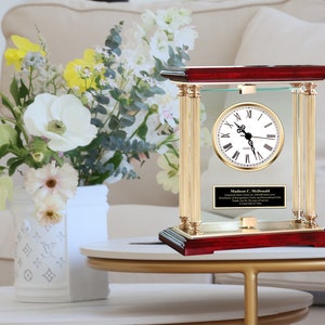 Gold Engrave Clock Personalized Glass 360 Spinning Gift Employee Service Month Year Award Present Birthday Wife Love Her Him Promotion Idea