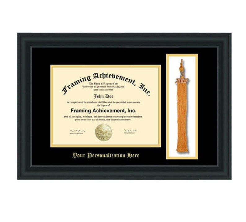 Graduation Tassel Holder Frame College Diploma Top Mat Black Inner Gold Personalized Embossed Satin Matte